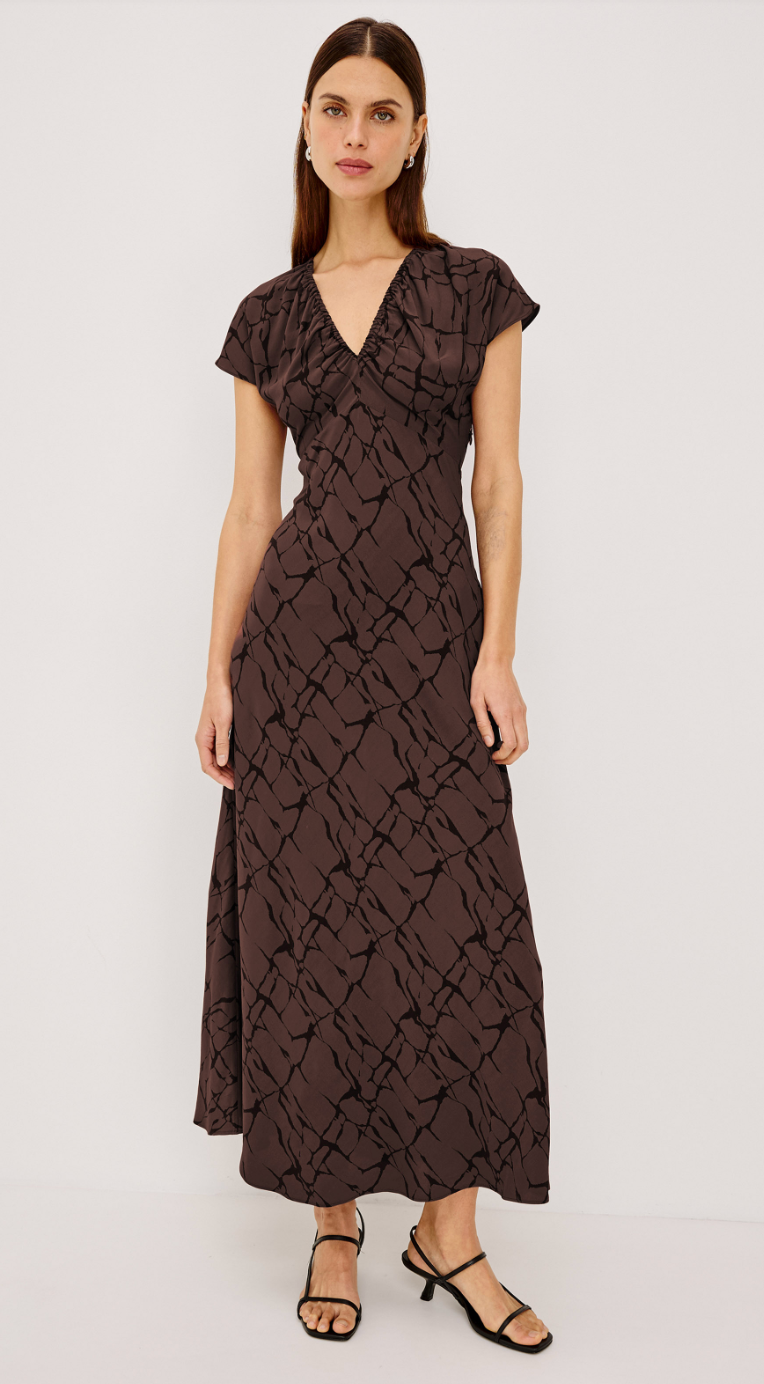Kourt Printed midi Dress- Brown