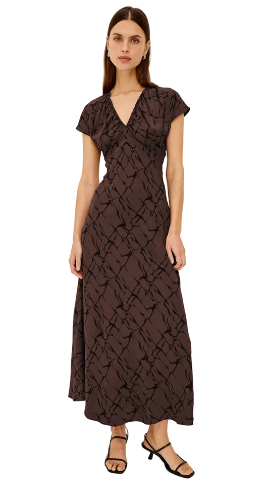 Kourt Printed midi Dress- Brown