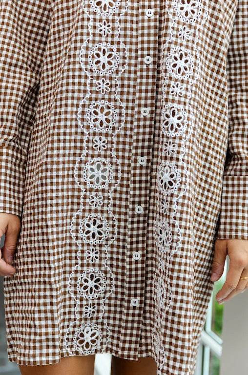 Embroidered Shirt Dress- Brown/White