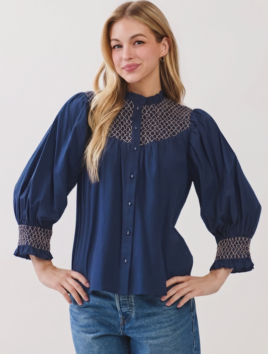 Smocked Button Down Top- Navy