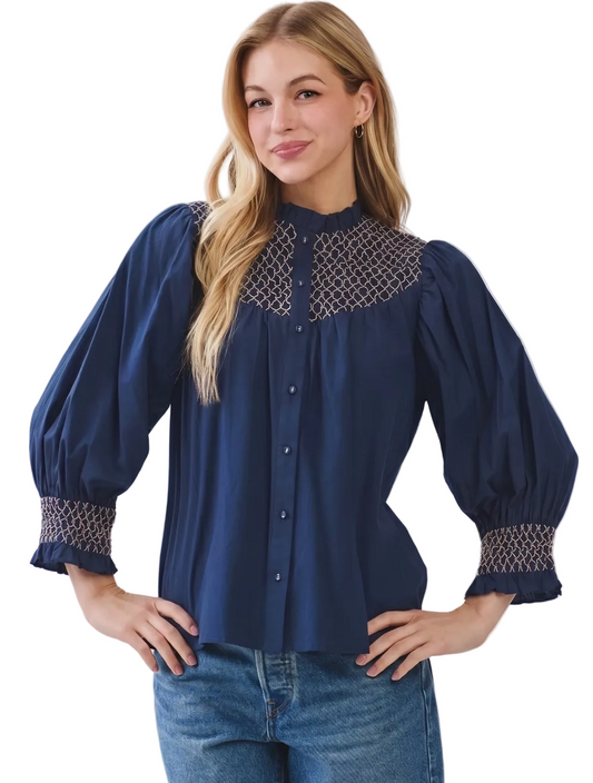 Smocked Button Down Top- Navy