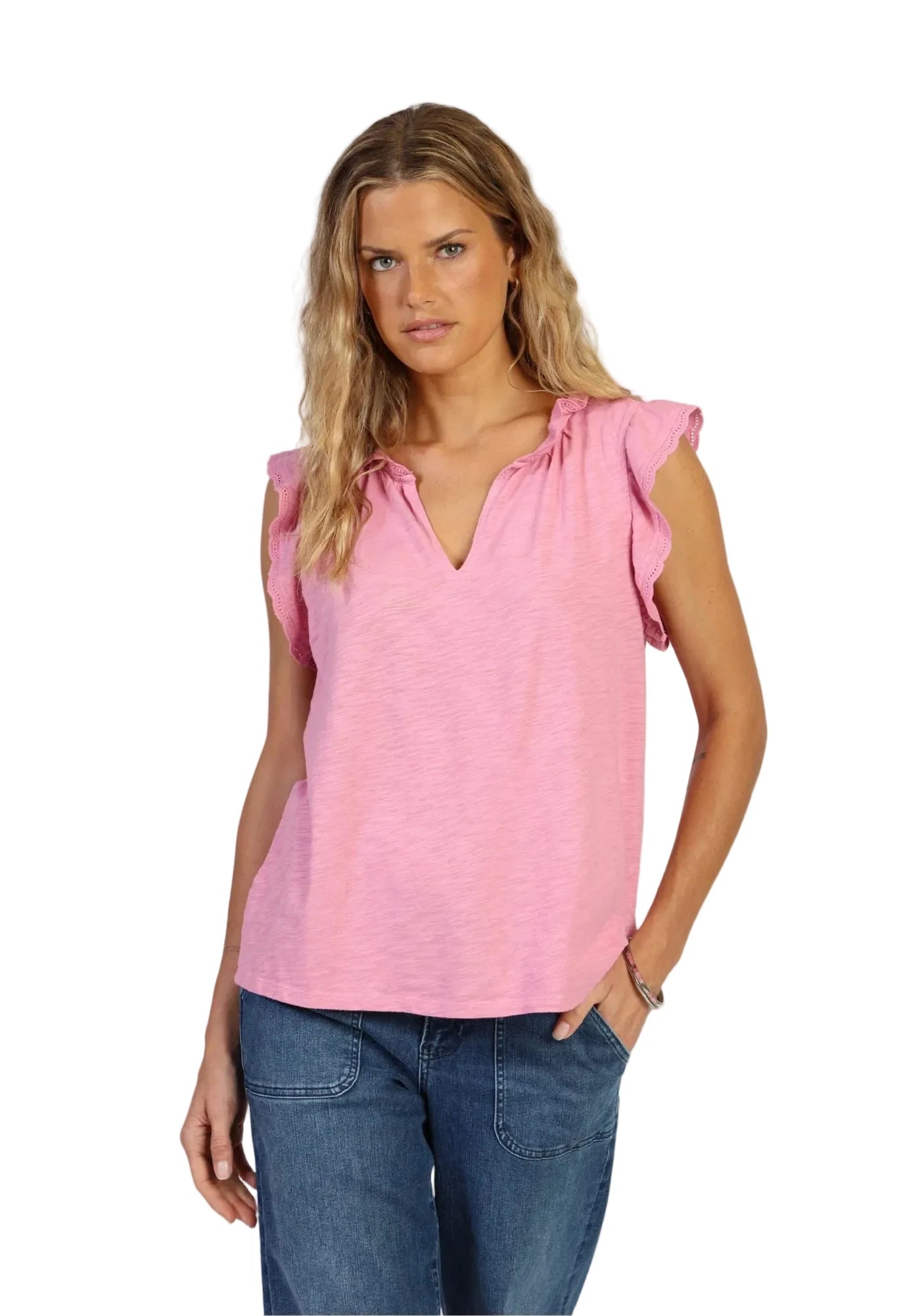 Split Neck Sleeve Top- Pink