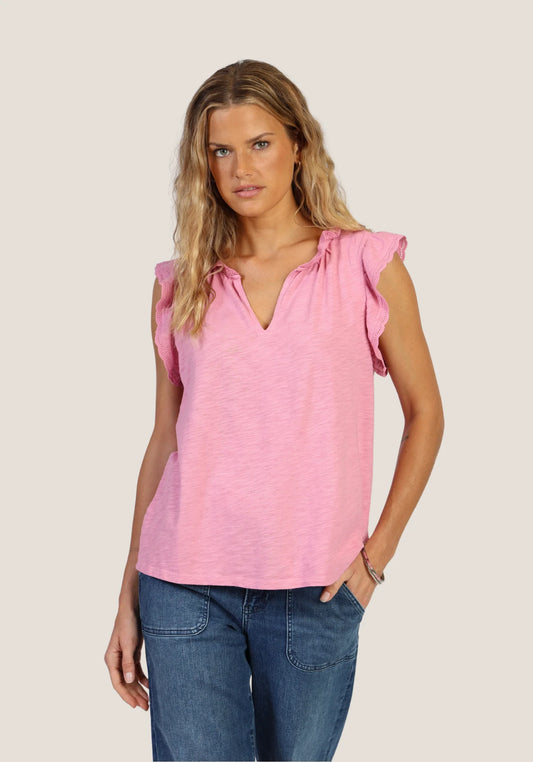Split Neck Sleeve Top- Pink