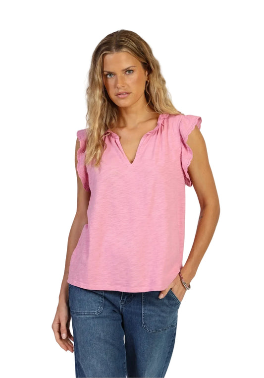 Split Neck Sleeve Top- Pink