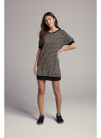 Perry Short Sleeve Stripe Dress- Black/Caramel