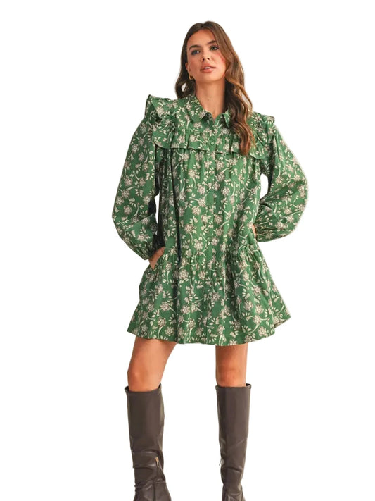 Ruffle Yoke Dropwaist Dress- Green Floral