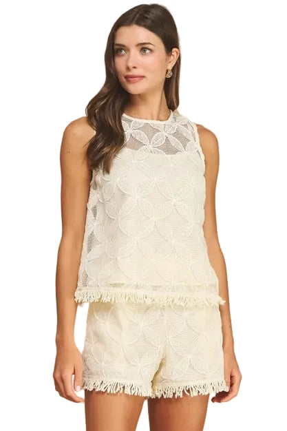 Fringe Hem crochet Top- Ecru