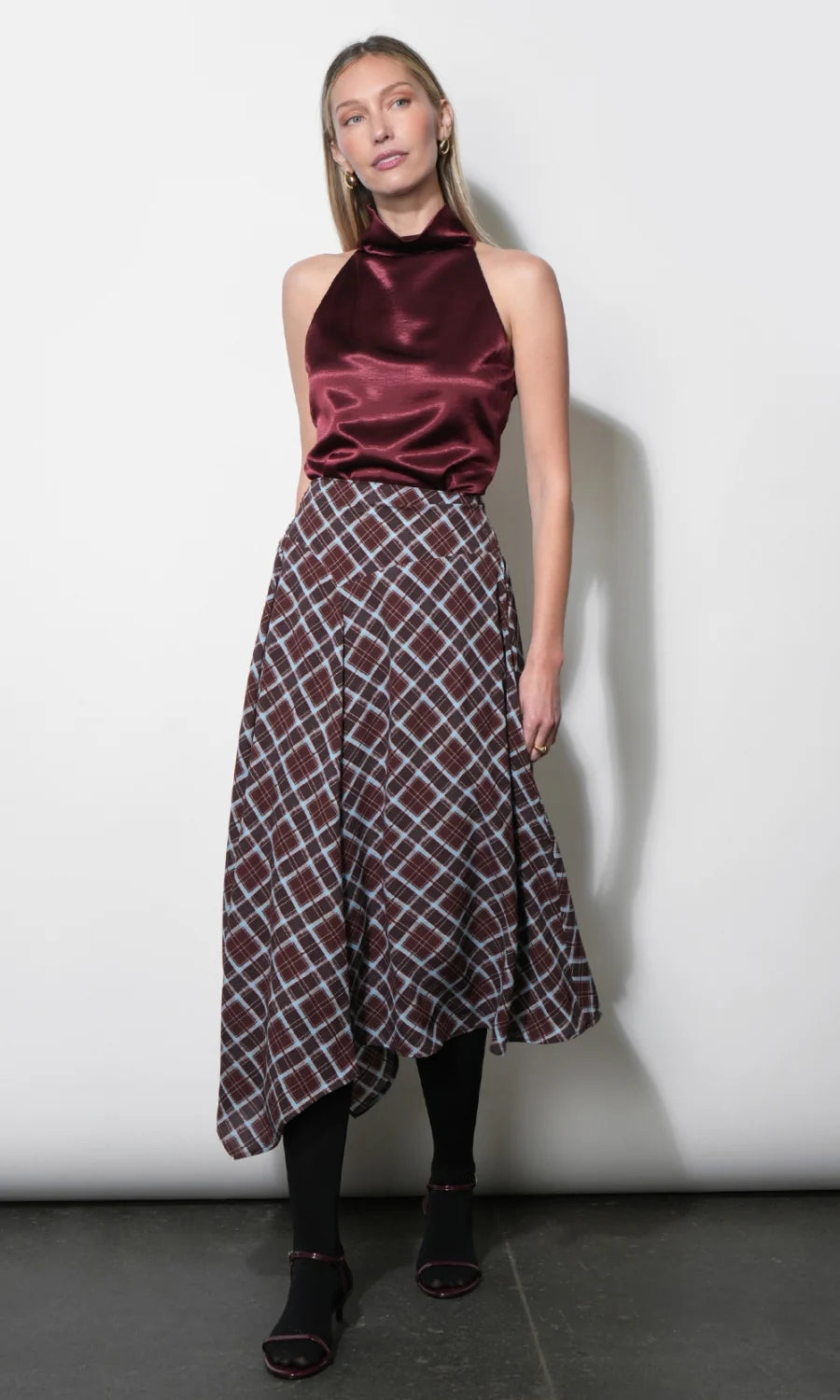 Rhodes Asymmetric Plaid Midi Skirt- Dark Cherry