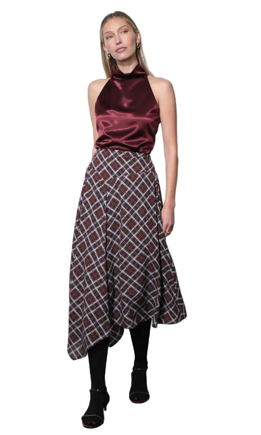 Rhodes Asymmetric Plaid Midi Skirt- Dark Cherry