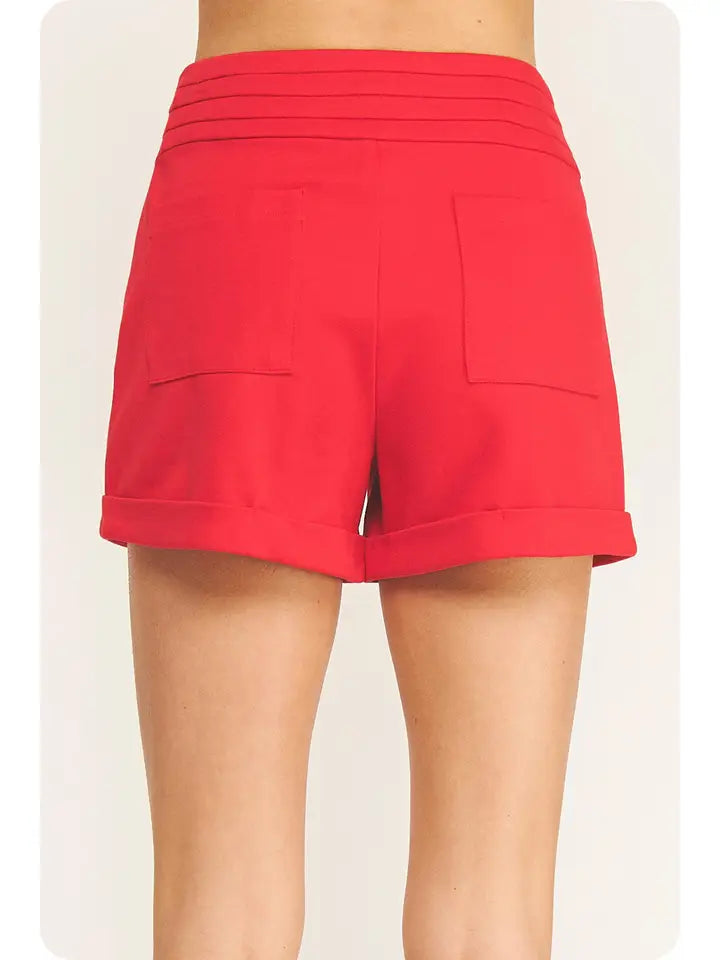 Button Front Ponte Short- Red