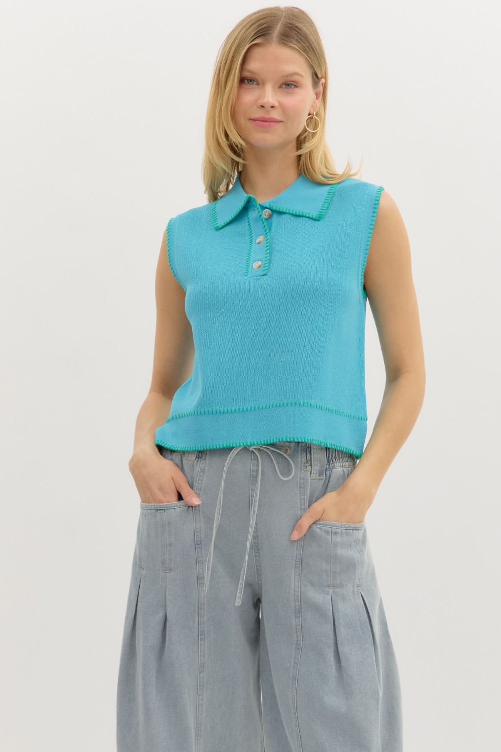Whip Stitch Hem Polo Tank- Blue