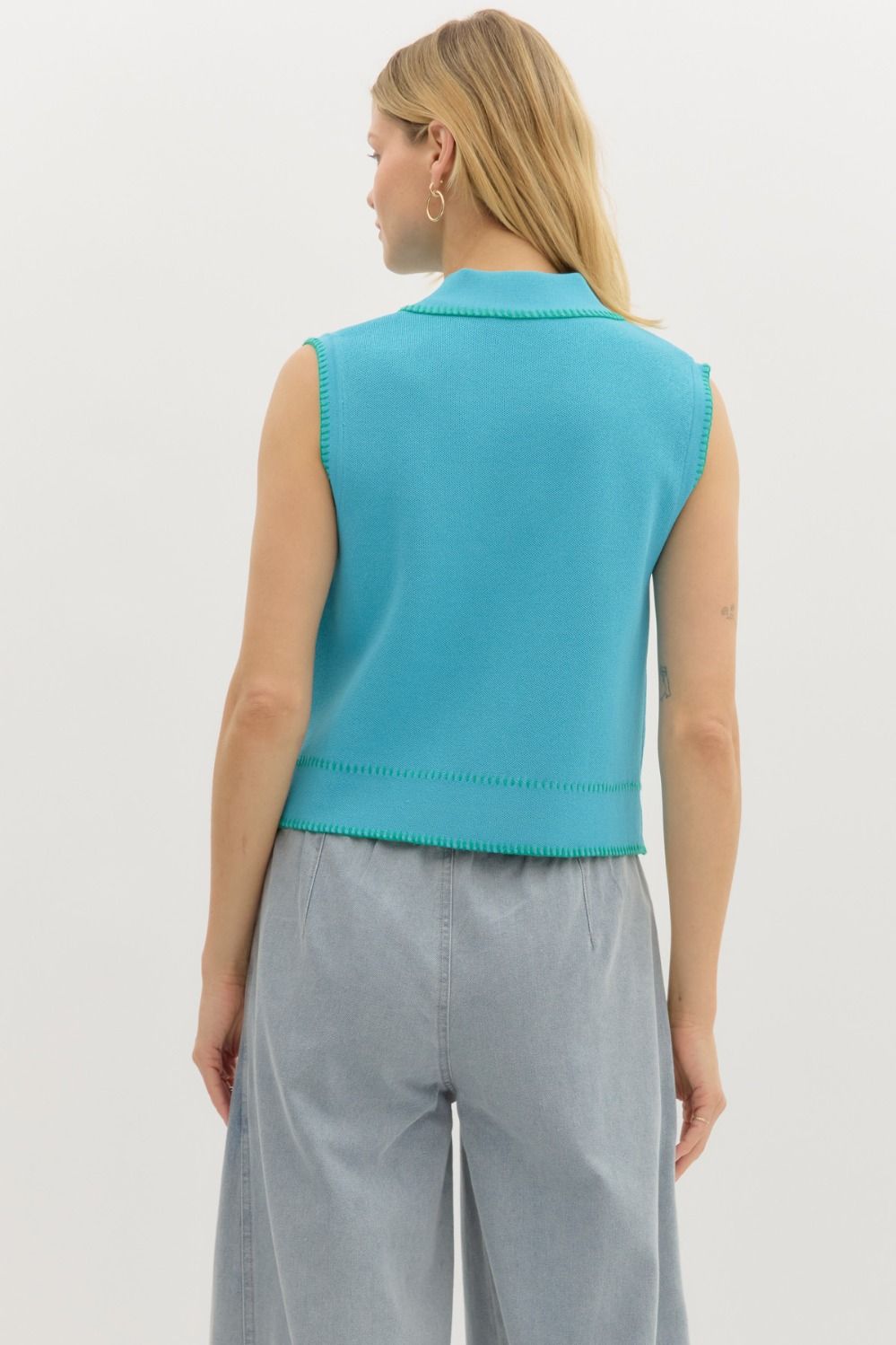 Whip Stitch Hem Polo Tank- Blue