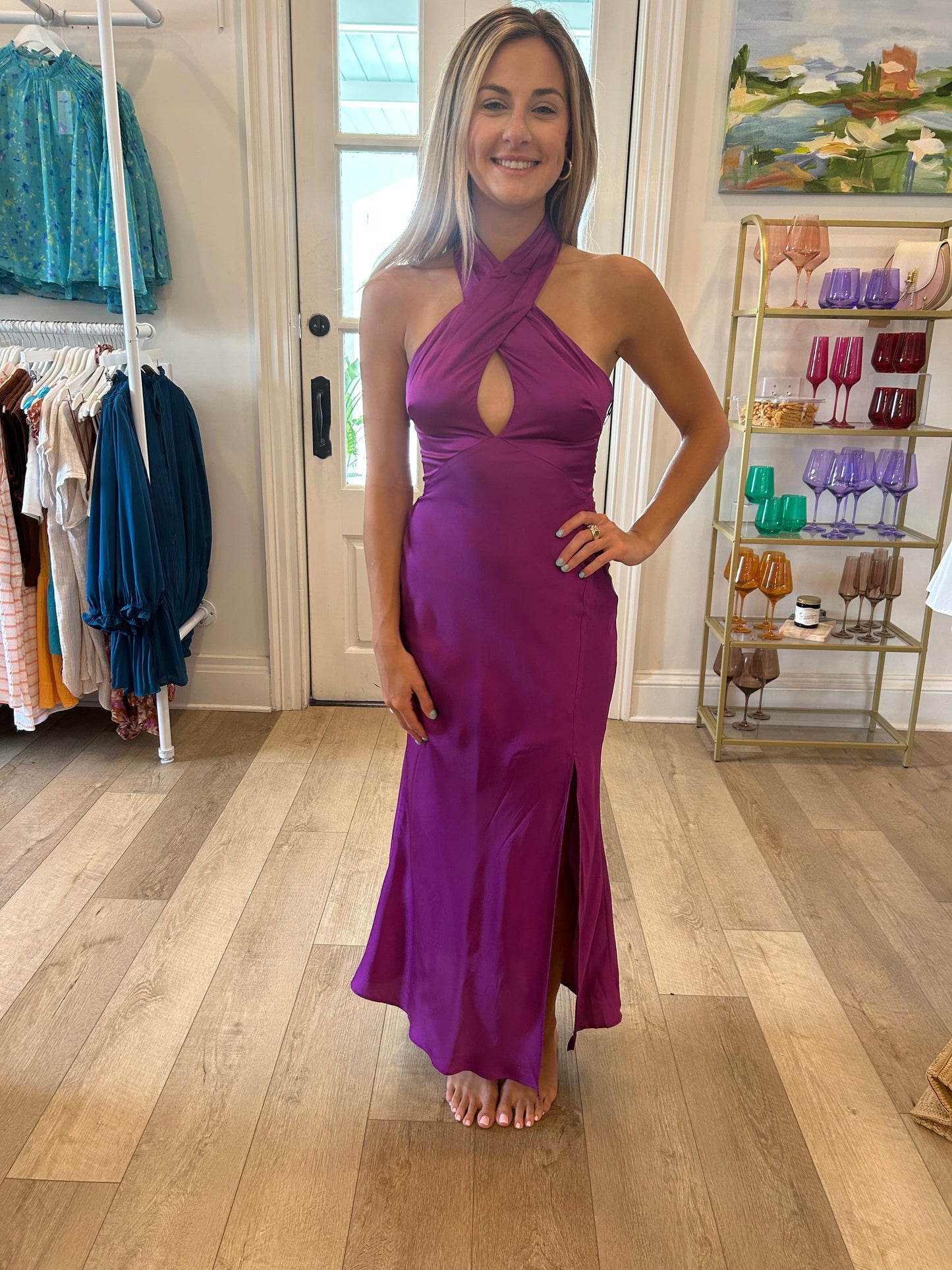 Satin Criss Cross Neckline Midi Dress- Magenta