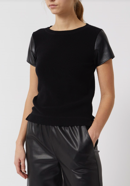 London Faux Leather Short Sleeve Top- Black