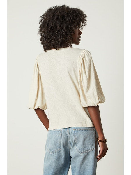 Uma Cotton Slub Gathered Short Sleeve Top- Sand
