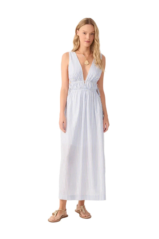 Blue Lurex Stripes Ruched Cotton Maxi Dress