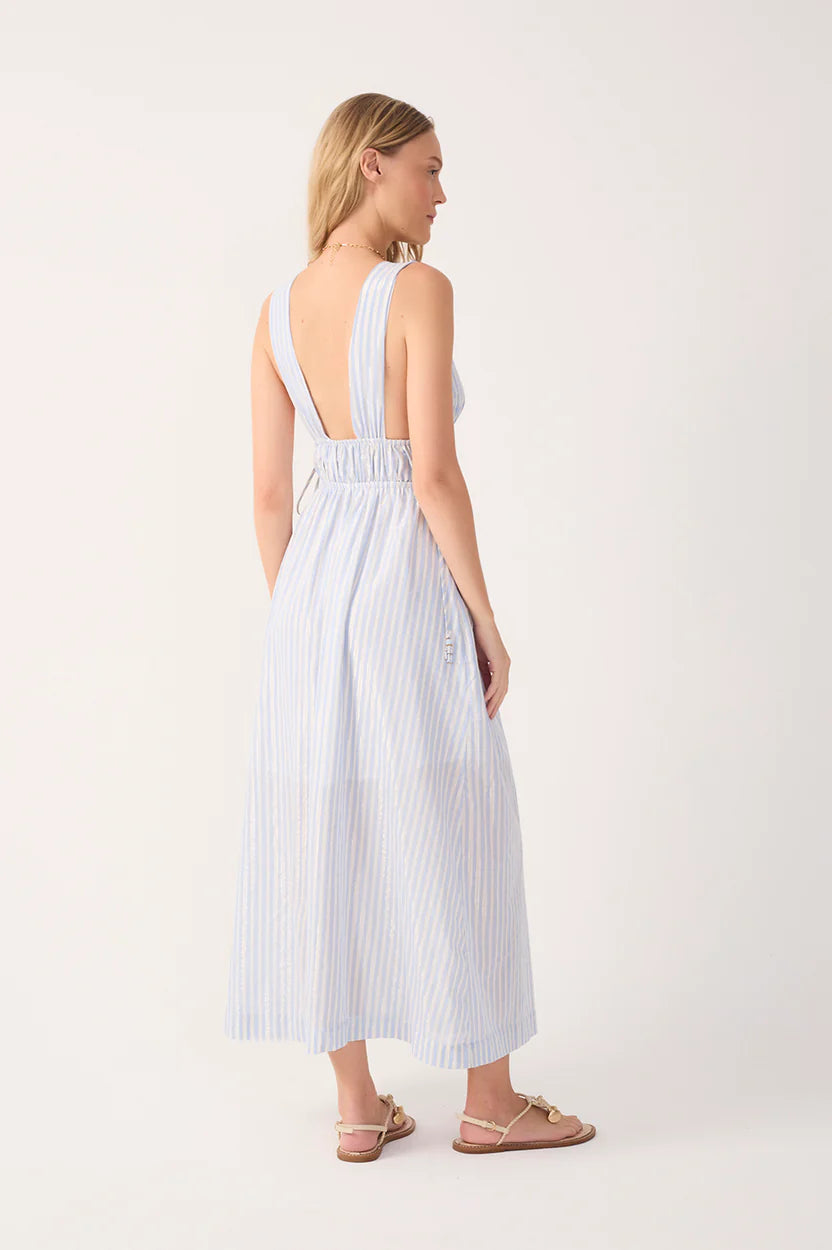 Blue Lurex Stripes Ruched Cotton Maxi Dress