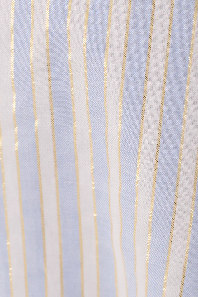 Blue Lurex Stripes Ruched Cotton Maxi Dress