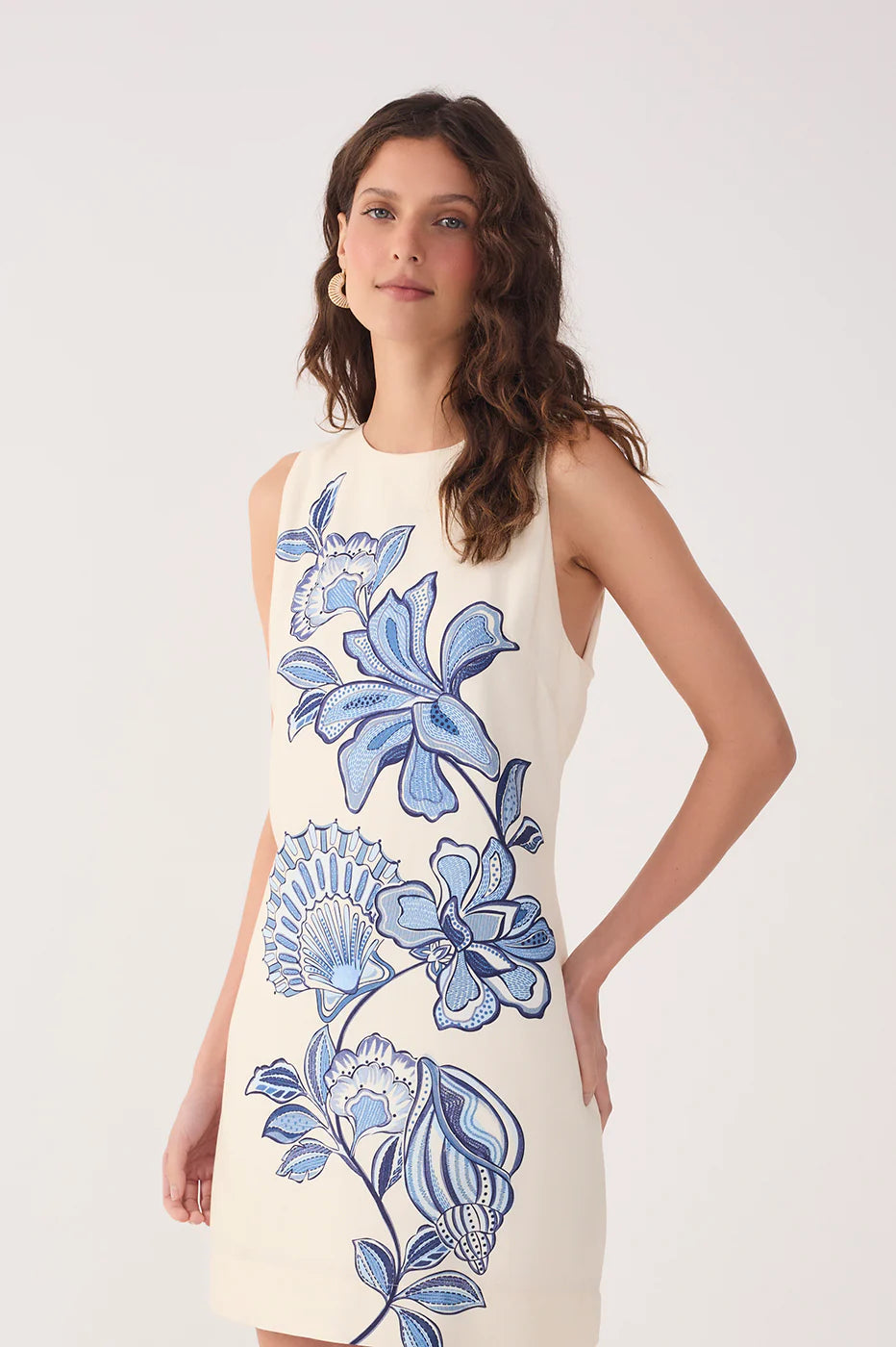 Off-white Ocean Flower Back Ties Linen Mini Dress