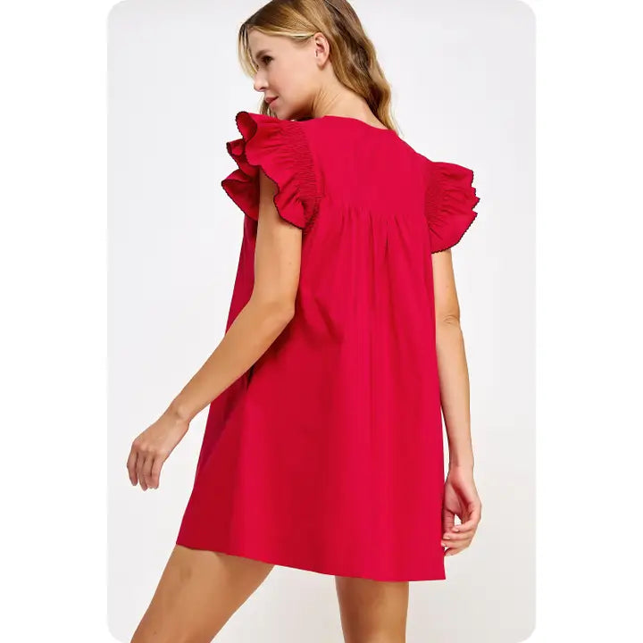 Ruffled Mini Dress- Cherry Red