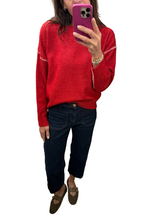 Women’s vintage red ribbed sweater with baseball stitching – front view