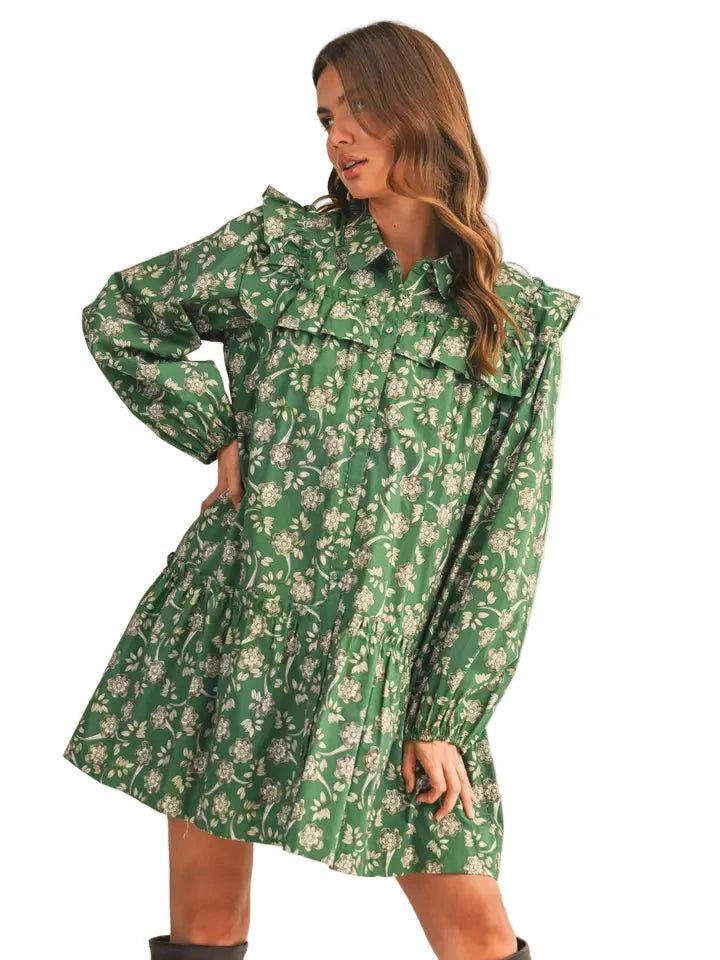 Ruffle Yoke Dropwaist Dress- Green Floral