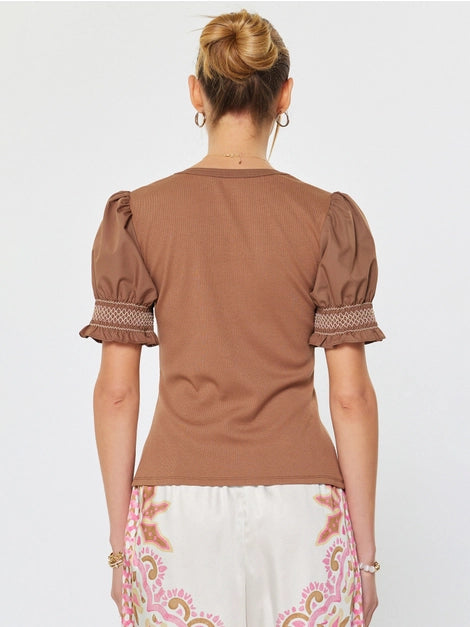 Puff Sleeve Ribbed Knit Top- brown