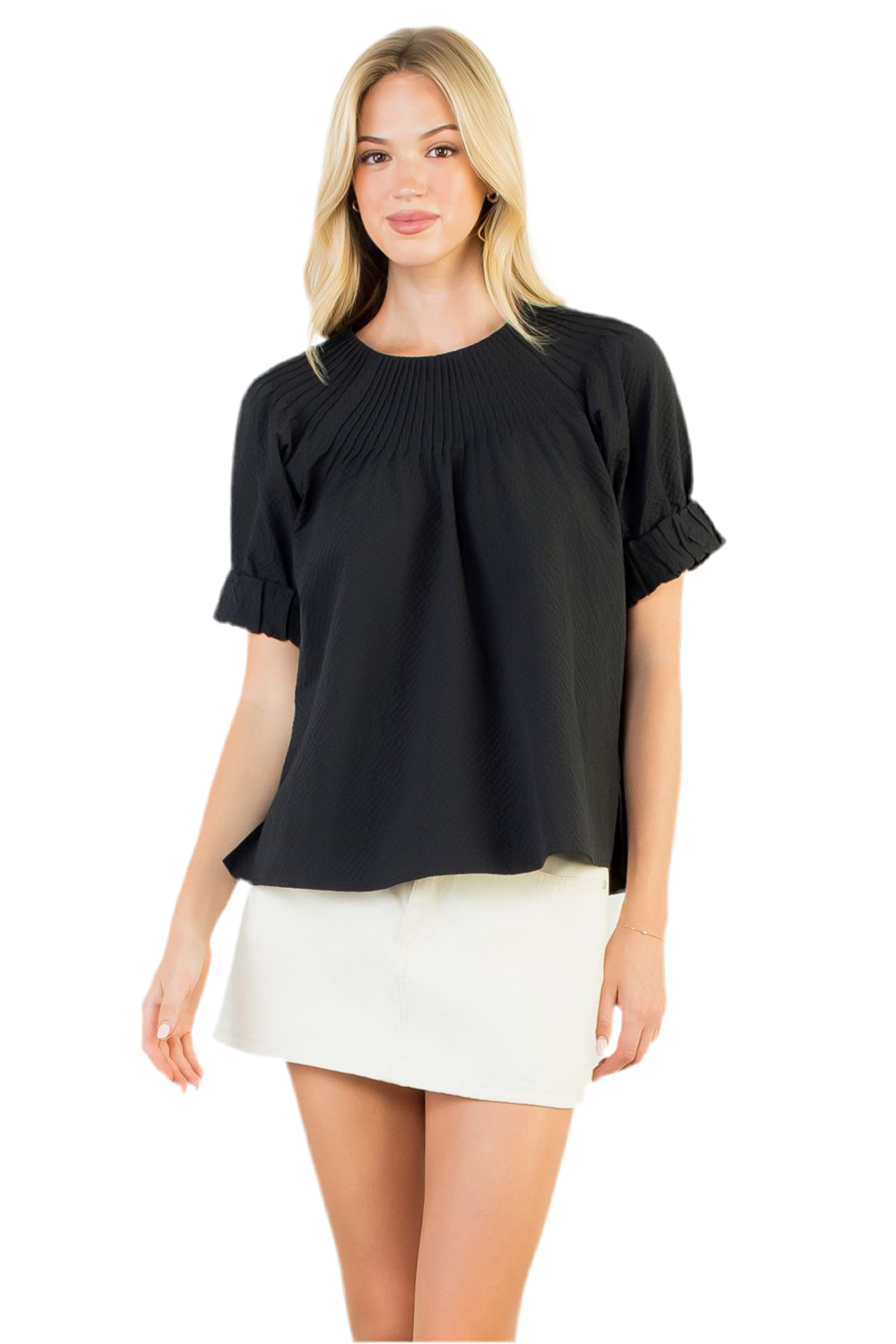 Short Sleeve Pleated Neck Top- Black