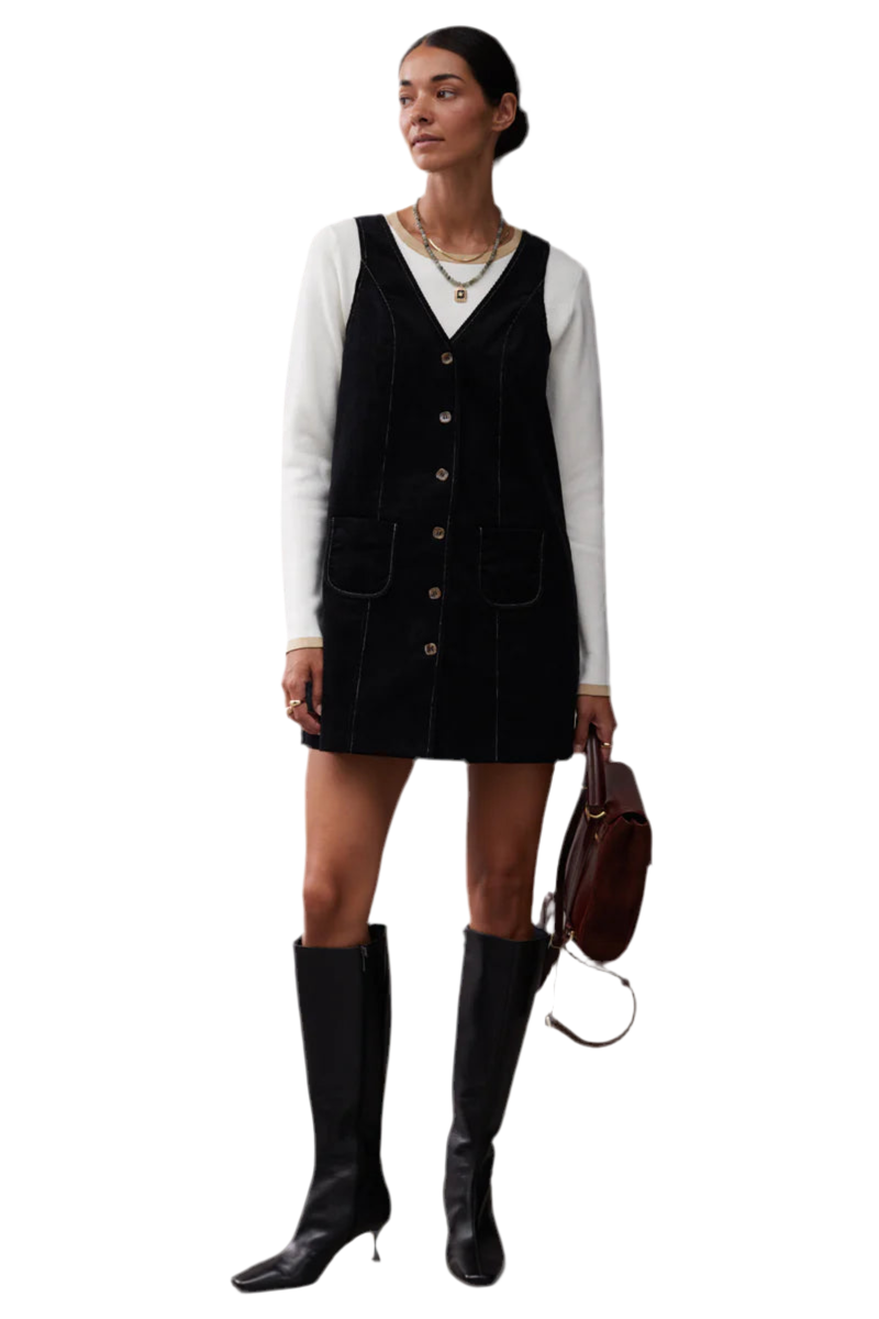 Alra Pinafore Cord Dress- Black