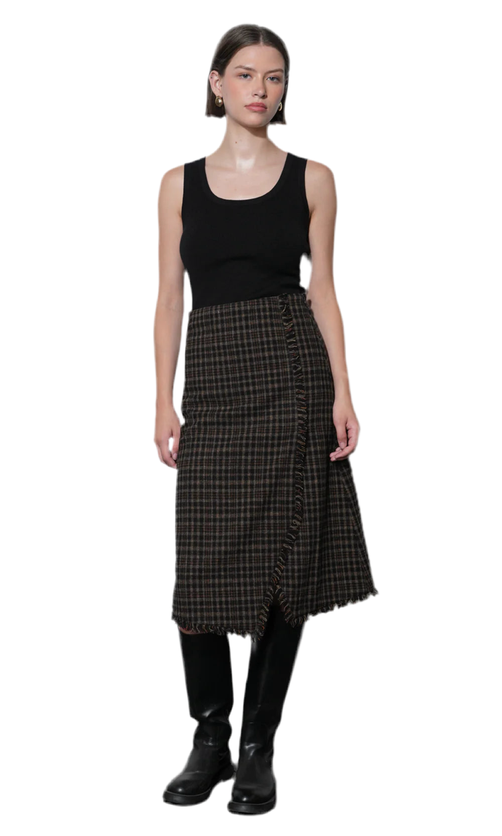 Brighton Asymetric Plaid Fringe Midi Skirt- Black