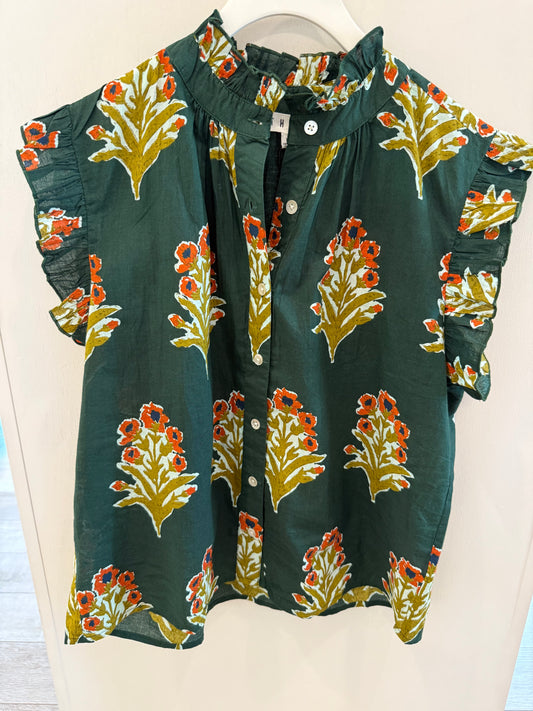 Flutter Sleeve Floral Top- Green