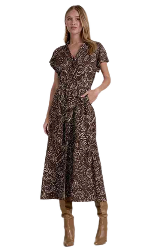 V-Neck patterned Midi- Brown
