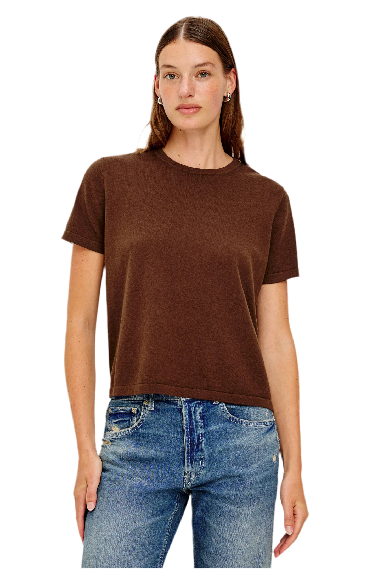 Cotton Cashmere Short Sleeve Sweater- Espresso