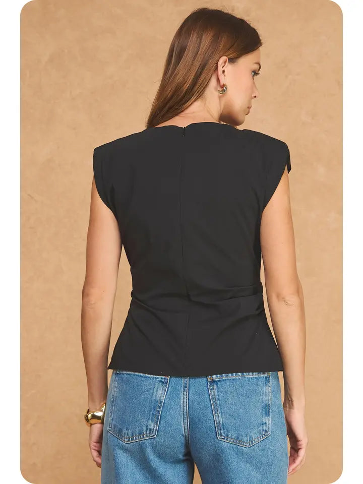 Sleeveless Top with Shoulder Pad- Black