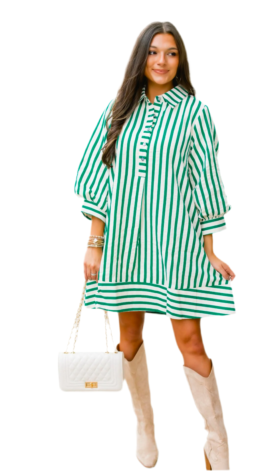 Short Sleeve Striped Dress- Green