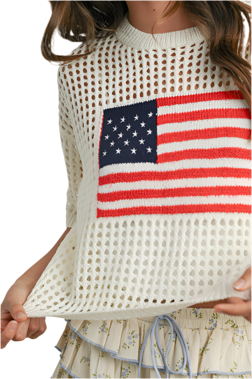 Short Sleeve Knit American Flag Top- Ivory
