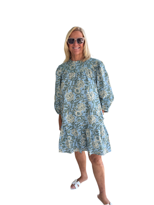 Printed Tiered Dress- Blue