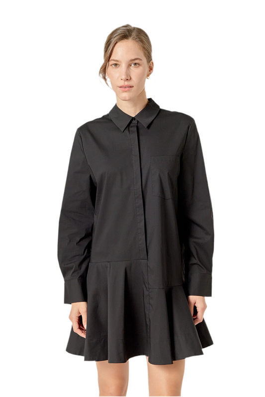 Collared Flare Skirt Dress- Black