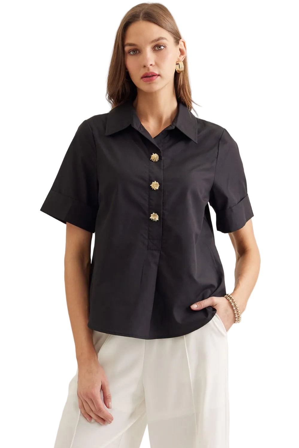 Short sleeve button down top- Black