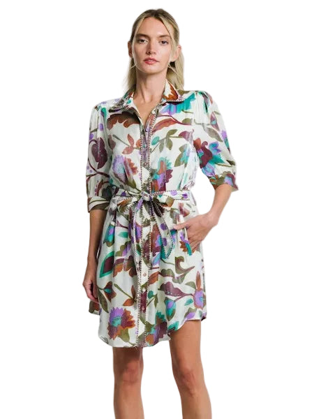 Arella Printed Shimmer Mini Shirt Dress