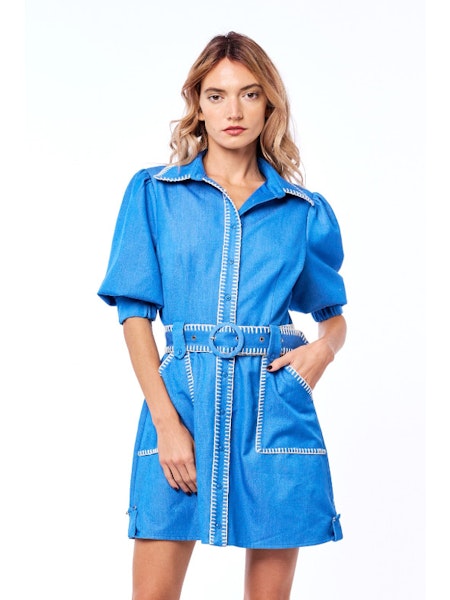 Gelso Denim Stitched Mini Dress- Light Blue