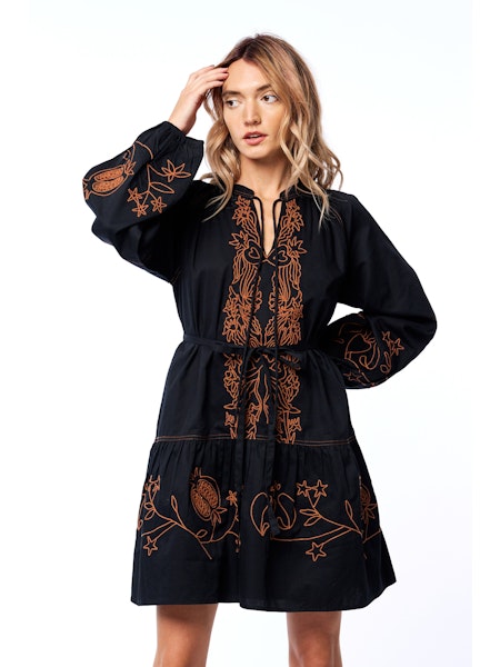 Rosetta Pomegranate Embroidered Dress- Black