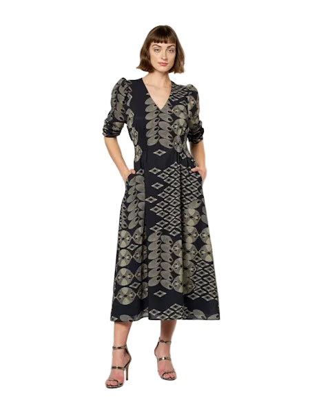 Biarritz Ruff Sleeve Midi Dress- Black Multi