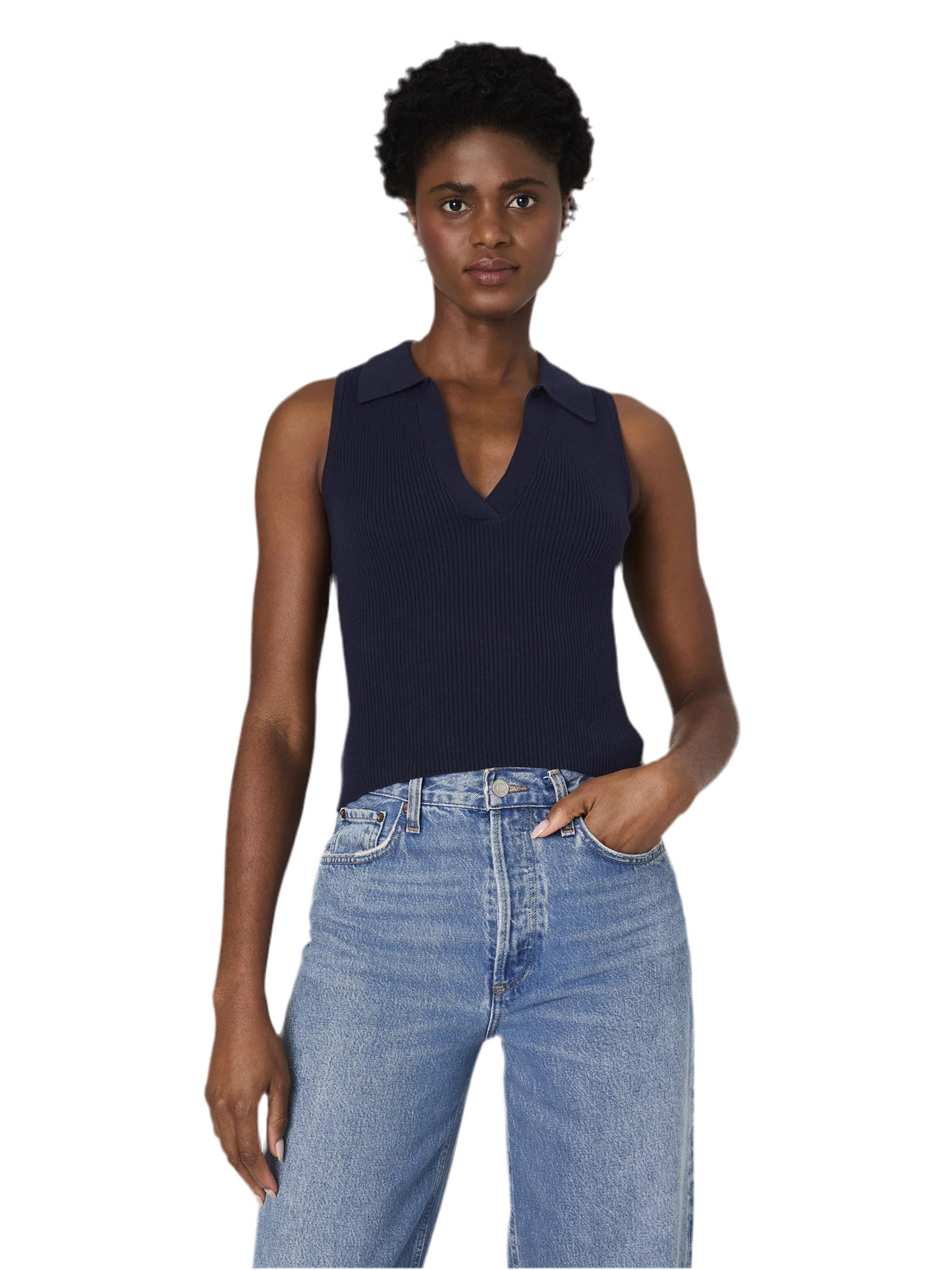 Mozza V Neck Sleeveless Sweater- Marine