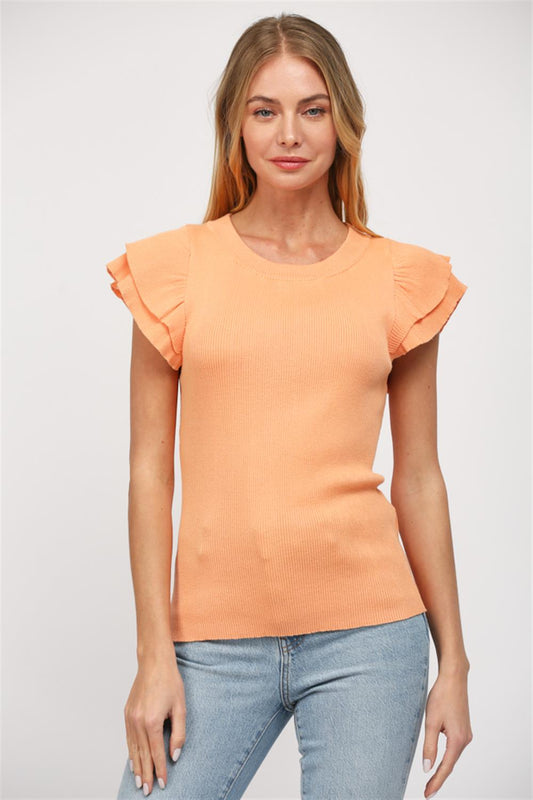 Ribbed Knit Top with Flutter Sleeves- Tangerine