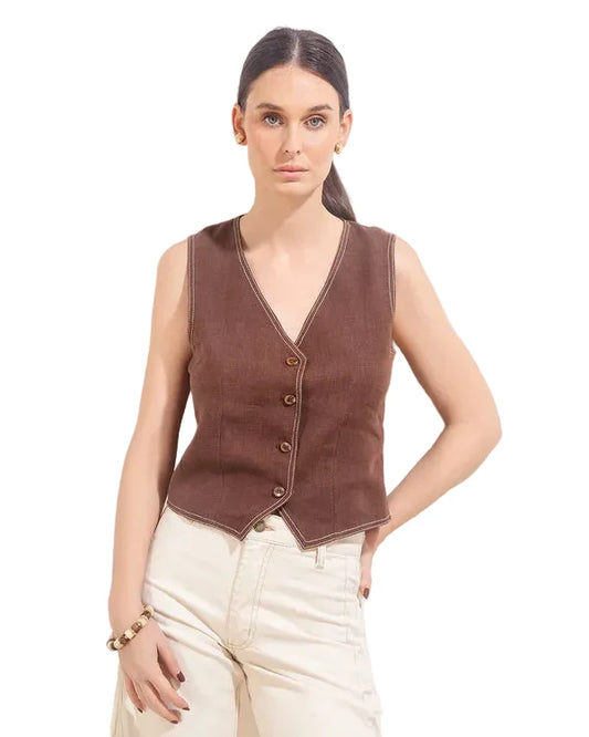 Nerea Linen Vest- Chocolate