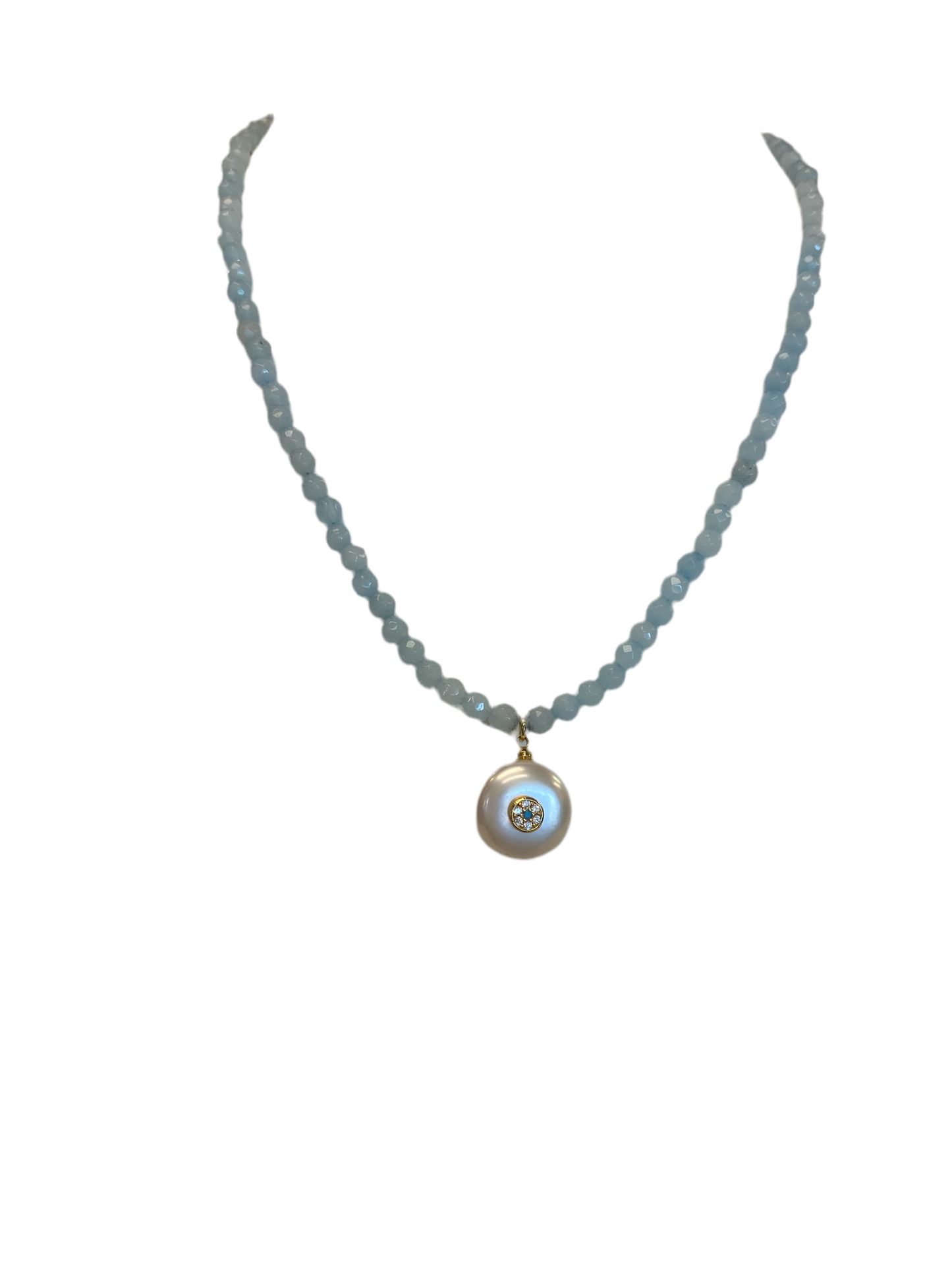 Blue Jade Necklace with Pearl Drop