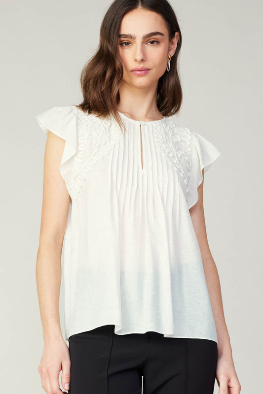 Pleated and Embroidered Flutter Sleeve Top