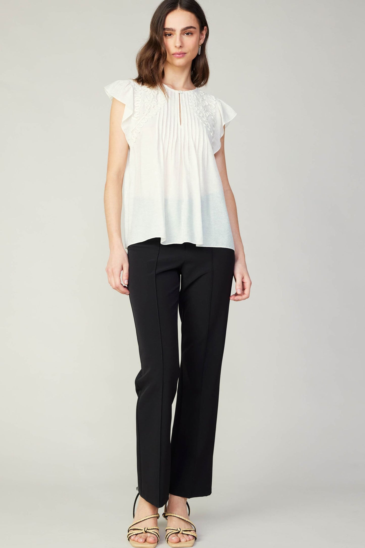 Pleated and Embroidered Flutter Sleeve Top