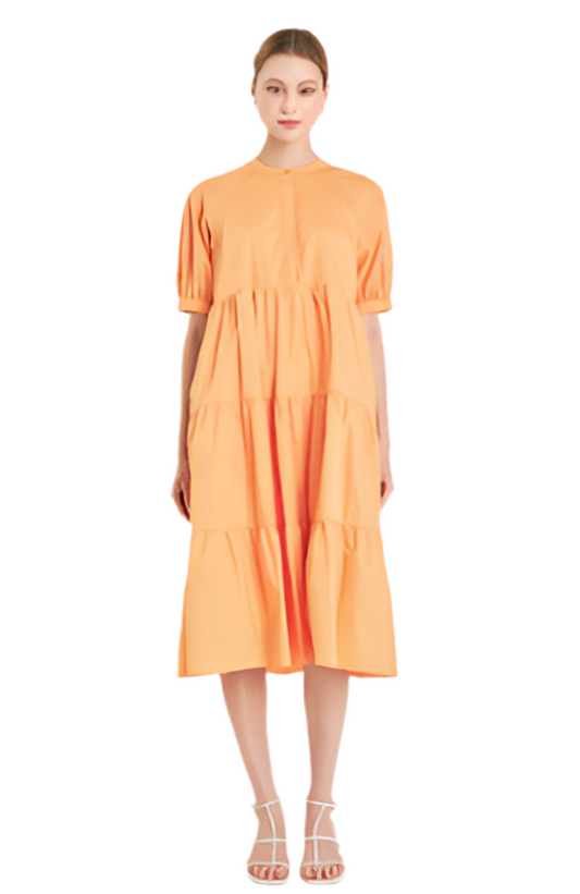 Short Puff Sleeve Midi Dress- Orange